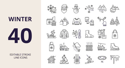 Winter activities and holiday vector line icon set. Collection of editable stroke symbols including skiing, snowman, and snowflake graphics
