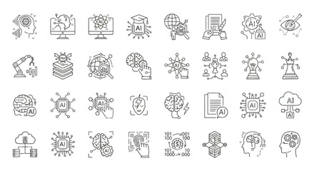 Thin line icon set for artificial intelligence and machine learning. Vector symbols collection representing robotics, data science, and neural networks