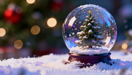 Christmas tree snow globe on snowy surface