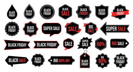 Collection of modern black and red promotional stickers and labels for Black Friday sales events, isolated vector graphic design elements