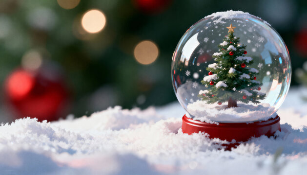 Christmas tree snow globe on snowy surface