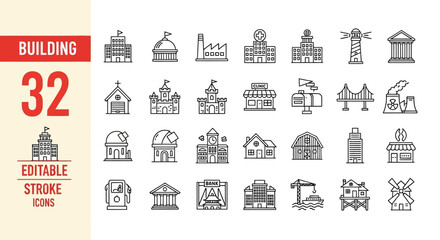 Obraz premium Collection of 32 Editable Stroke Icons Representing Various Buildings and Structures