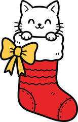 Cute kitten in christmas stocking with bow hand drawn illustration