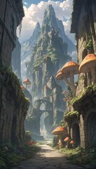 fantasy landscape with towering stones and giant mushrooms
