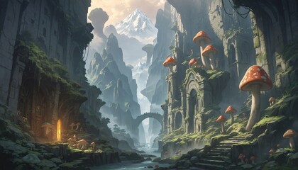 magical fantasy landscape with mushrooms and ancient ruins
