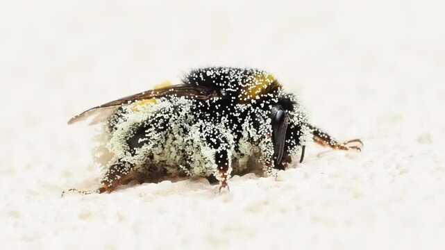 Bourdon (Bombus sp.) couvert de pollen se d&eacute;pla&ccedil;ant au sol &ndash; Hym&eacute;nopt&egrave;re pollinisateur en comportement naturel
