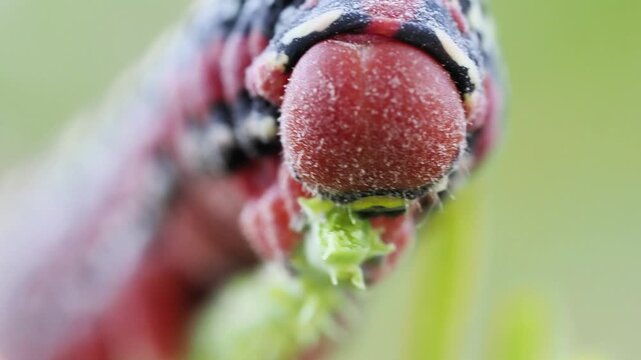 Chenille du Sphinx de l&rsquo;euphorbe (Hyles euphorbiae) se d&eacute;pla&ccedil;ant sur tige et substrat &agrave; Tignes, France &ndash; L&eacute;pidopt&egrave;re en activit&eacute;