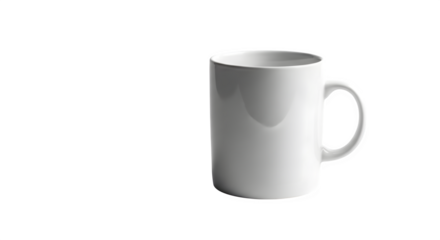 Plain white ceramic coffee or tea mug with a handle, isolated on a clean white background, perfect for branding mockups