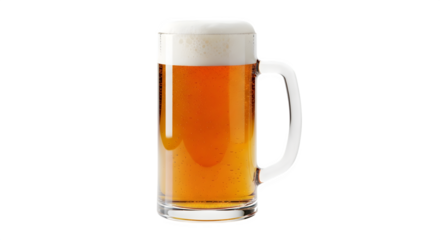 A refreshing golden drink in a classic glass mug, featuring a frothy white head, inviting a cool and crisp drinking experience