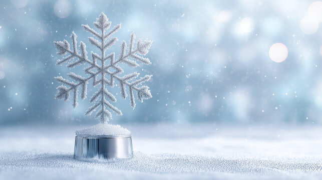 Snowflake-shaped trophy on snow with a blurred winter background, bokeh effect, and clean copy space for text or promotional use.