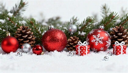 Christmas decorations with ornaments, pine cones and gifts in snow