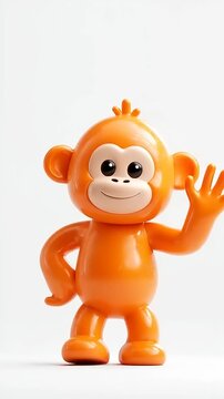 Cute Orange Monkey Toy Waving Hello on White Background.