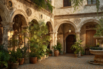 Fototapeta premium A warm Indo-Arabic courtyard with carved arches, patterned tiles, and soft golden light, blending traditional forms with modern calm. Indo Arabic courtyard with carved archways, patterned tiles, tropi
