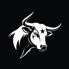 White bull head logo with star graphic and big horns, black and white minimal vector art for mascot or sport team symbol.