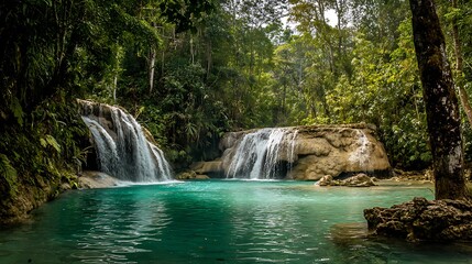 Naklejka premium Tropical waterfall cascading into lagoon emerald green turquoise and aqua tones