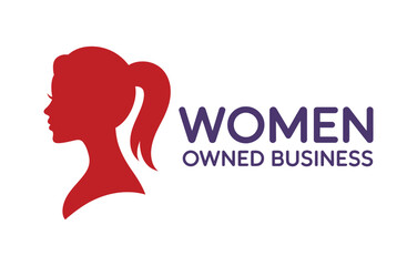 A red silhouette of a woman's head with a ponytail is displayed next to the words 'WOMEN OWNED BUSINESS' in purple and blue text.