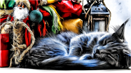 A fluffy grey cat sleeps peacefully next to Christmas decorations, a lantern, and a Santa Claus figure.