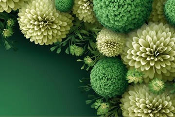 Close up view of green chrysanthemum flowers filling frame on dark background.