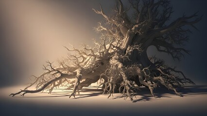 Abstract tree sculpture with intricate branches and root system displayed in studio