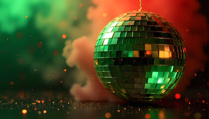 Fototapeta premium A shiny green Christmas bauble designed like a disco ball, surrounded by swirling red glitter smoke. The sparkling particles and reflective surface create a playful, festive, energetic holiday style