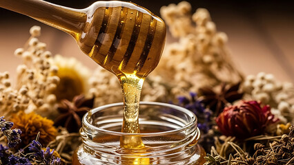 Honey flowing from a wooden dipper into a jar, surrounded by aromatic herbs and spices. Capturing the essence of natural sweetness and the warmth of a rustic setting
