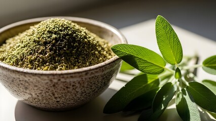 Dried sage herb in bowl with fresh sage leaves on white surface
