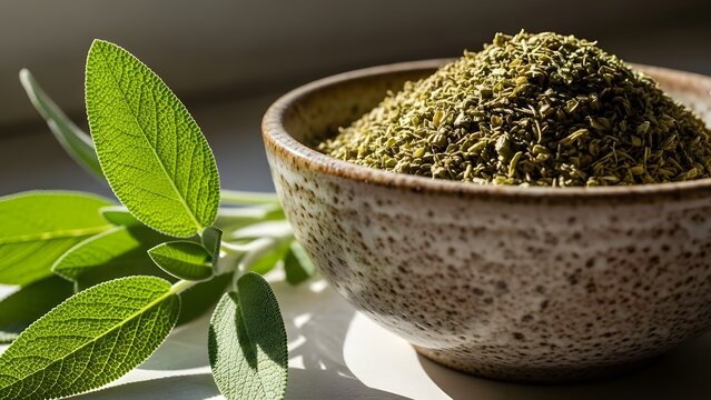 Dried sage in a bowl with fresh sage leaves beside it - Powered by Adobe