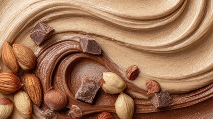 Close up of creamy chocolate swirls with almonds hazelnuts and dark chocolate pieces