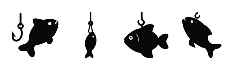 Fishing activity icons with fish and hooks silhouette set
