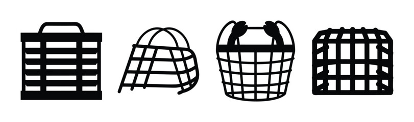 Diverse collection of cage and trap simple silhouette icon set