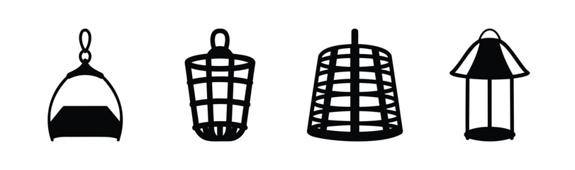 Set of black silhouette fishing bait feeders and bird cages