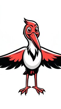 Animated Red Ibis Cartoon Bird Character Walking.