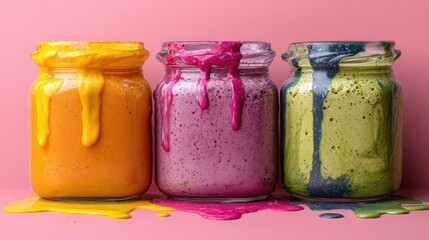 Colorful paint jars with dripping texture against a simple vibrant backdrop