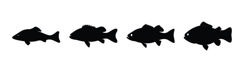 Four black fish silhouettes in a row on a white background