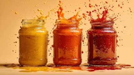 Three colorful jars with splashes of vibrant liquids on a neutral background