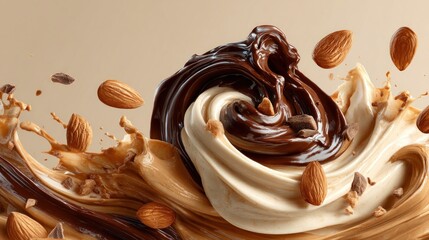 Delicious swirl of chocolate cream with flying almonds on a neutral background