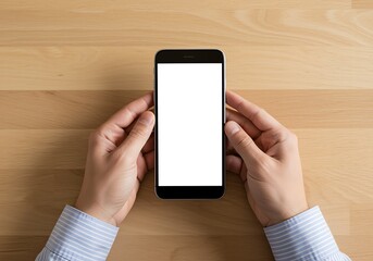 Hands holding a smartphone with blank white screen on a wooden table, top view, for creative use and mockups