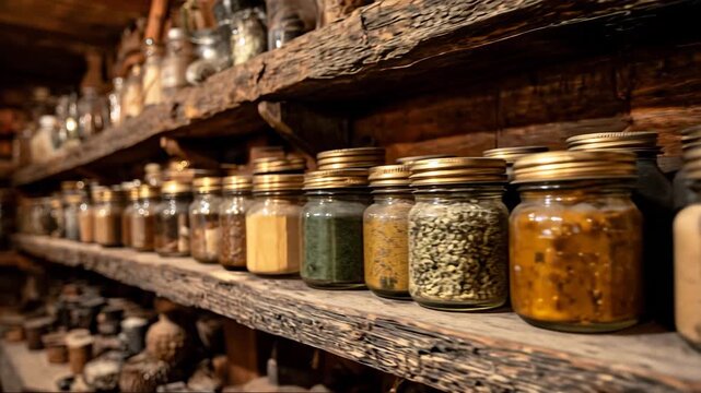 Ultra HD Rustic wooden shelves filled with glass jars containing various dried spices and herbs, creating a warm and traditional pantry atmosphere video