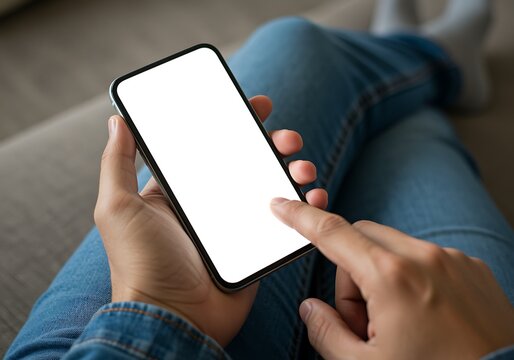 Close up of person's hands holding and touching a smartphone with a blank white screen, casual setting on a couch