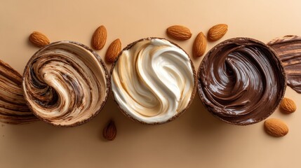 Gourmet dessert bowls with swirls and almonds on neutral background