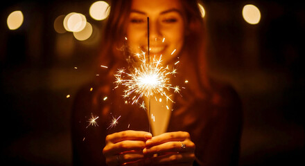 Young woman smiling while holding a sparkler at night  
