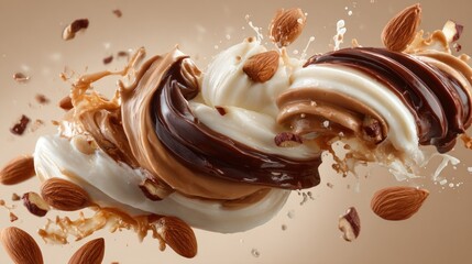 Delicious swirls of chocolate cream and nuts with splashes and movement