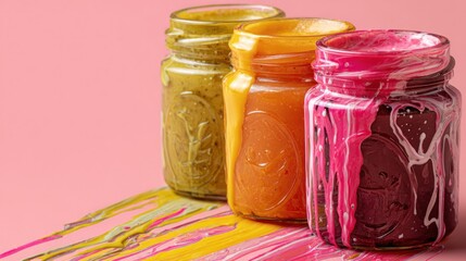 Colorful jars with liquid contents on a vibrant pink background for creative use