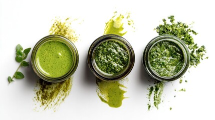 Overhead view of three jars with green sauce and herb sprig on white