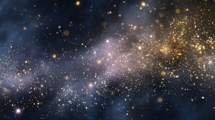 Abstract background of golden lights and stars on dark blue backdrop