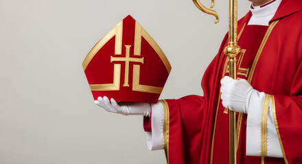 Red sinterklaas hat Mitre, decorative staff, festive attire and dutch holiday spirit. traditional Saint Nicolas day five december. Sinterklaas greeting card. Festive day in Netherlands, Belgium