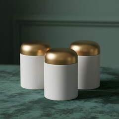 Three white jars with gold lids are arranged on a textured green surface. fabric