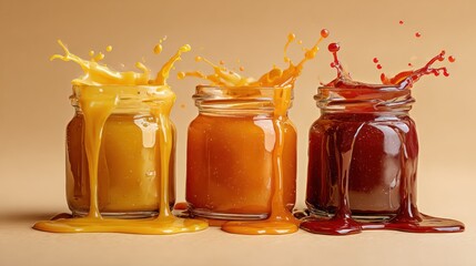 Three jars of spilled sweet liquid with colorful splashes on neutral background