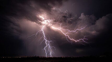 Dramatic lightning strike illuminating dark cloudy sky during a thunderstorm