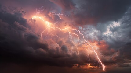 Dramatic lightning strike against a backdrop of stormy dark clouds at night